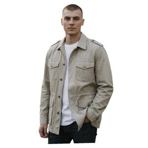 Cabela's Safari Jacket Mens 2XL Tall Khaki Cotton Field Map Print 902477 GUC